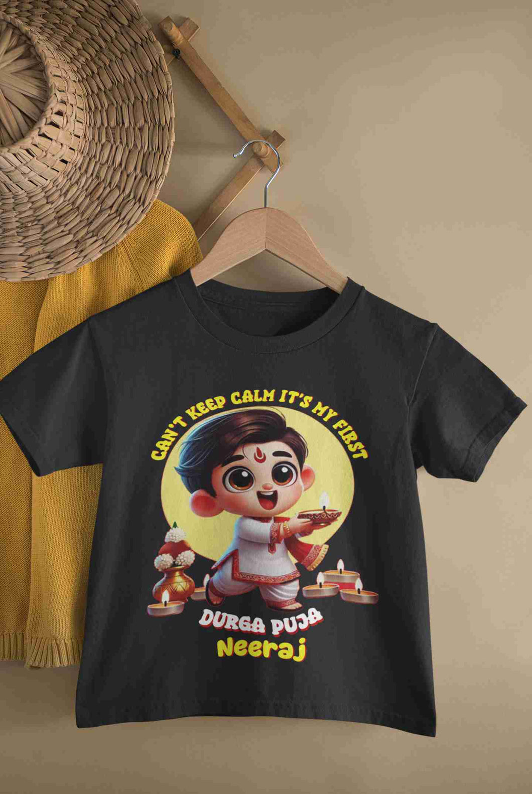Custom Name Can Not Keep Calm It Is My First Durga Puja Half Sleeves T-Shirt for Boy-KidsFashionVilla
