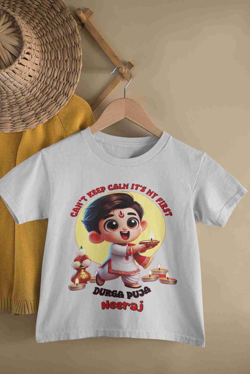 Custom Name Can Not Keep Calm It Is My First Durga Puja Half Sleeves T-Shirt for Boy-KidsFashionVilla