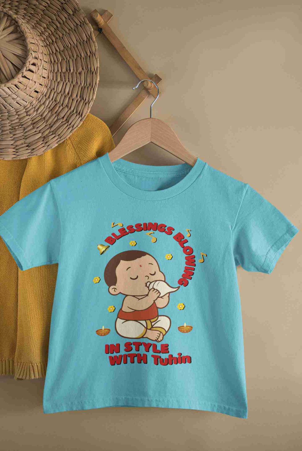 Custom Name Blessing Blowing In Style With Durga Puja Half Sleeves T-Shirt for Boy-KidsFashionVilla