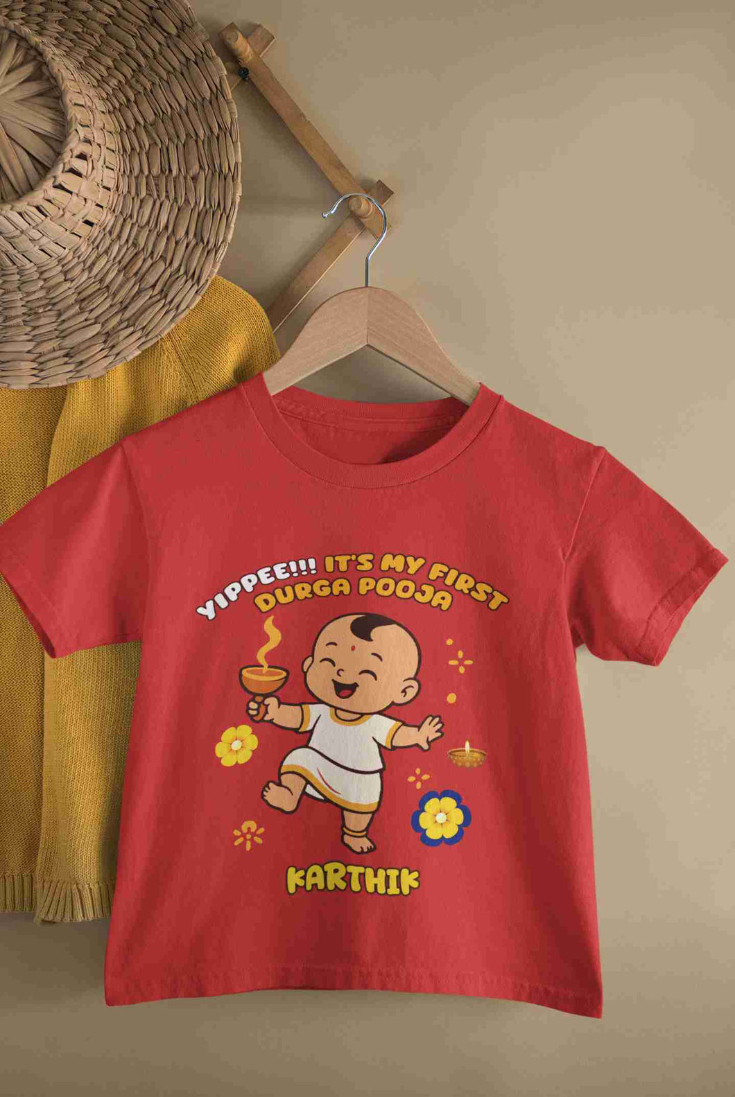 Custom Name Yippee !! It Is My First Durga Pooja Half Sleeves T-Shirt for Boy-KidsFashionVilla