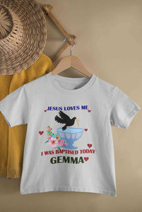 Custom Name Jesus Loves Me Baptism Christening Day Half Sleeves T-Shirt for Boy-KidsFashionVilla