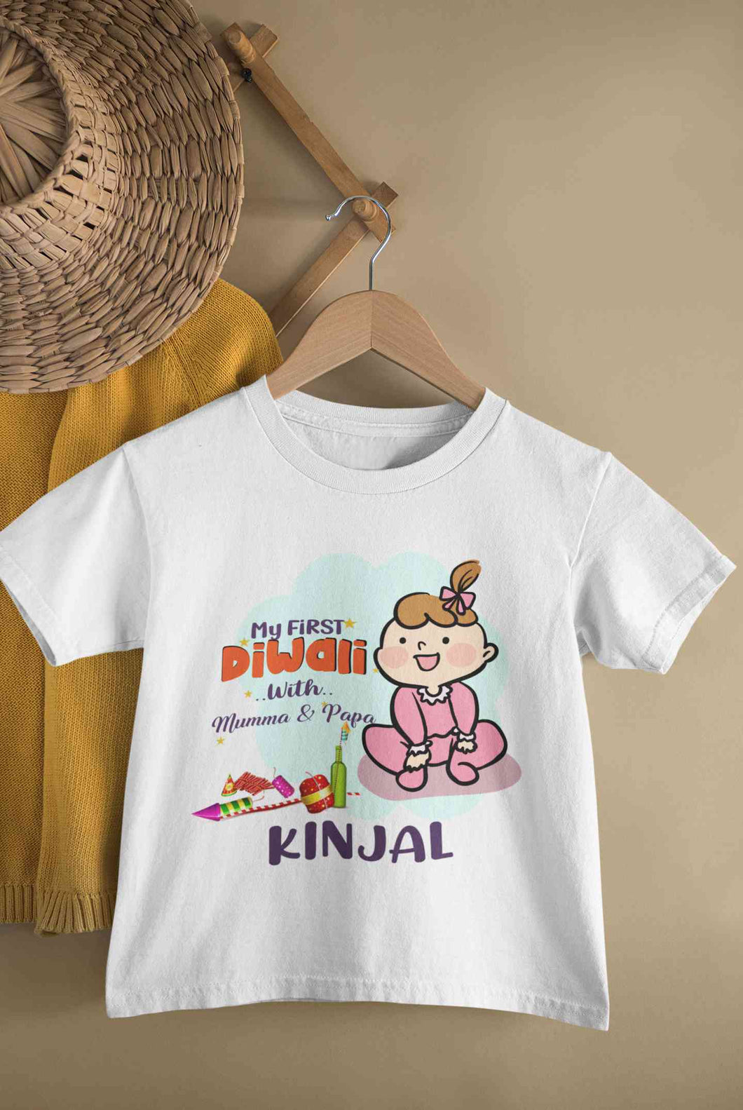 Custom Name My First Diwali With Mumma Papa Half Sleeves T-Shirt For Girls -KidsFashionVilla