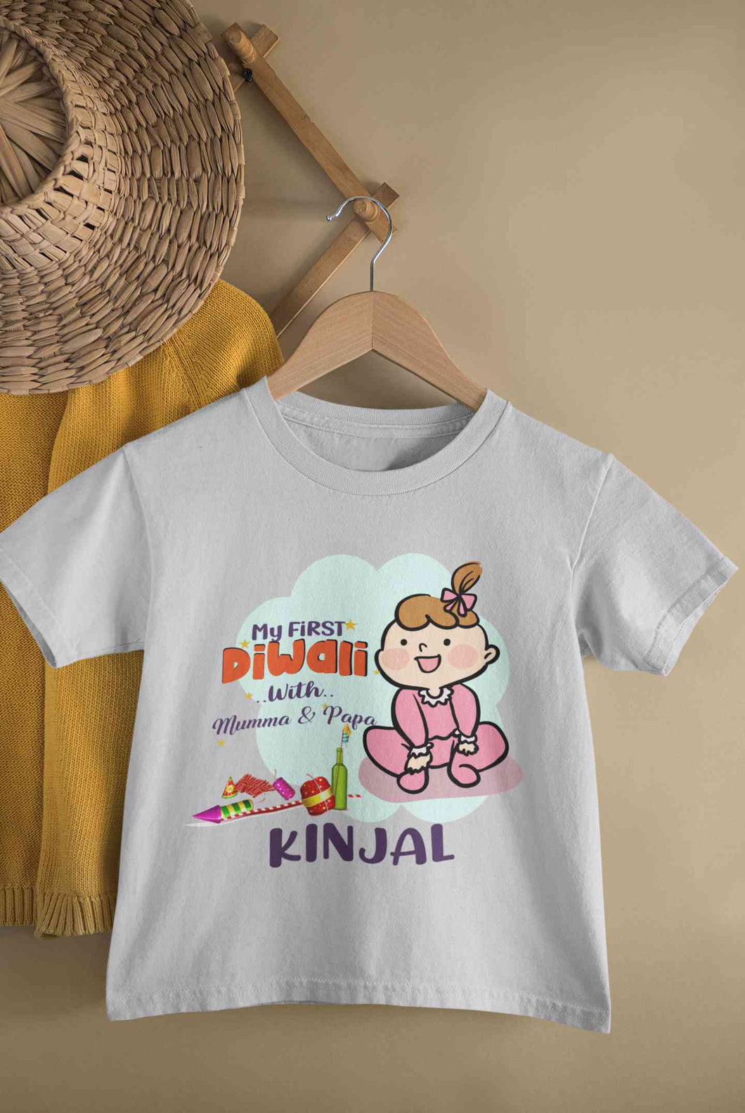 Custom Name My First Diwali With Mumma Papa Half Sleeves T-Shirt For Girls -KidsFashionVilla