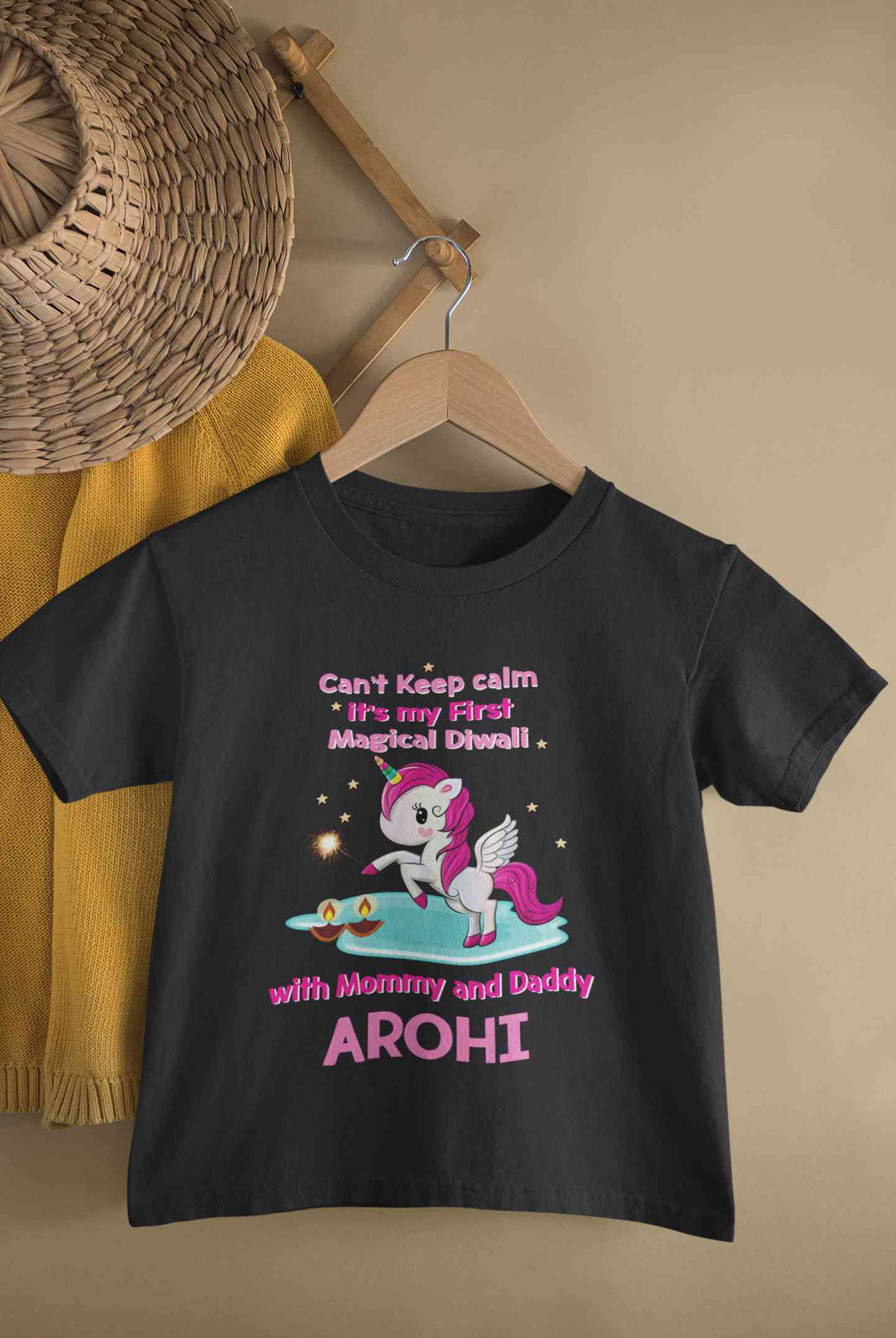 Custom Name Cant Keep Calm Its My First Diwali With Mummy Daddy Half Sleeves T-Shirt For Girls -KidsFashionVilla