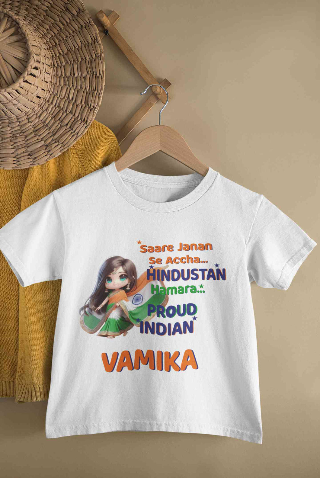 Custom Name Saare Jahan Se Accha Hindustan Humara Independence Day Half Sleeves T-Shirt For Girls -KidsFashionVilla