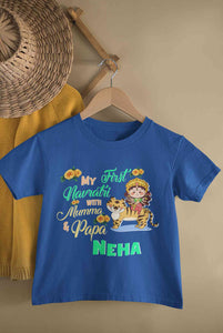 Custom Name My First Navratri With Mumma And Papa Half Sleeves T-Shirt For Girls -KidsFashionVilla