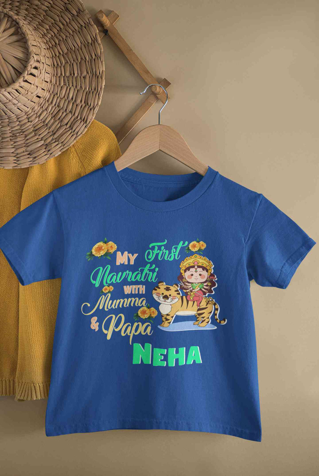 Custom Name My First Navratri With Mumma And Papa Half Sleeves T-Shirt For Girls -KidsFashionVilla