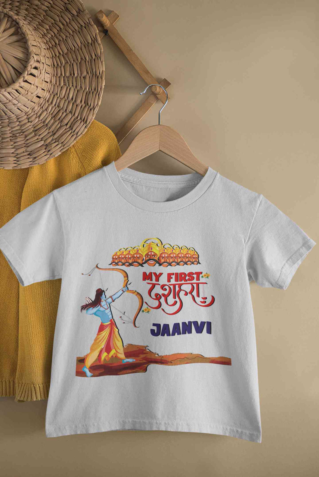 Custom Name My First Dussehra Half Sleeves T-Shirt For Girls -KidsFashionVilla