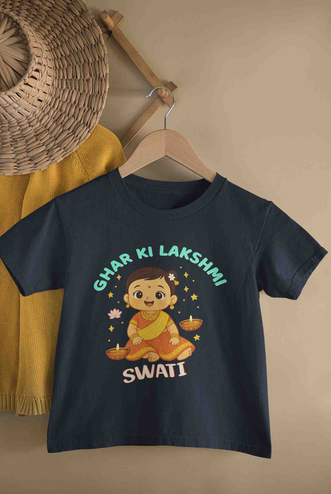 Ghar Ki Lakshmi With Customized Diwali Half Sleeves T-Shirt For Girls -KidsFashionVilla