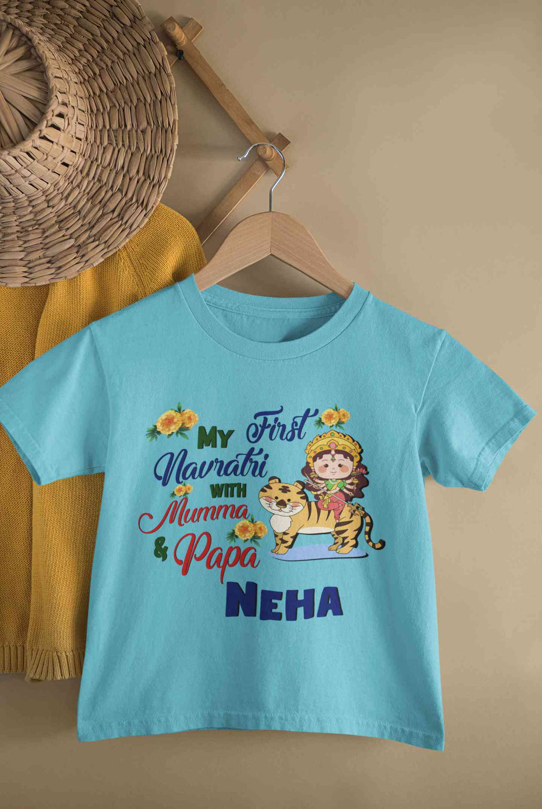 Custom Name My First Navratri With Mumma And Papa Half Sleeves T-Shirt For Girls -KidsFashionVilla