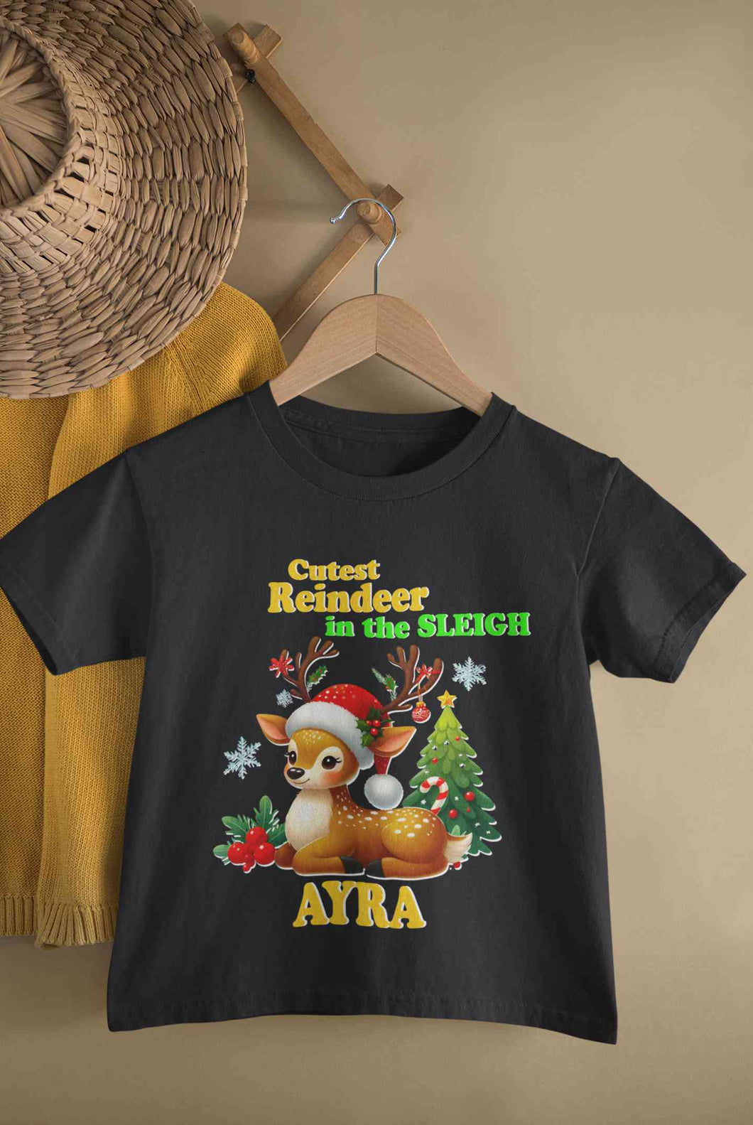 Custom Name Cutest Reindeer In The Sleigh Christmas Half Sleeves T-Shirt For Girls -KidsFashionVilla