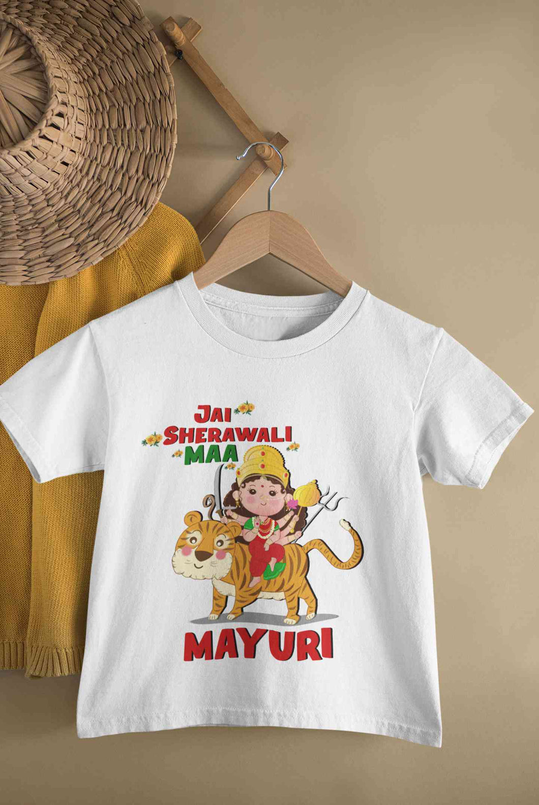 Custom Name Jai Sherawali Maa Navratri Half Sleeves T-Shirt For Girls -KidsFashionVilla
