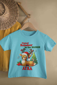 Custom Name Cutest Reindeer In The Sleigh Christmas Half Sleeves T-Shirt For Girls -KidsFashionVilla