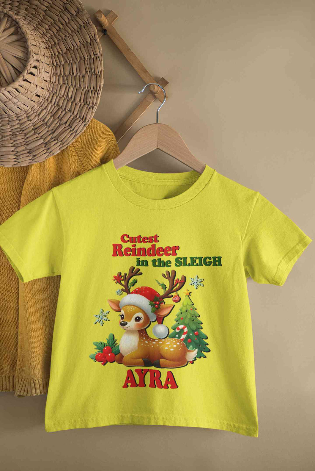 Custom Name Cutest Reindeer In The Sleigh Christmas Half Sleeves T-Shirt For Girls -KidsFashionVilla