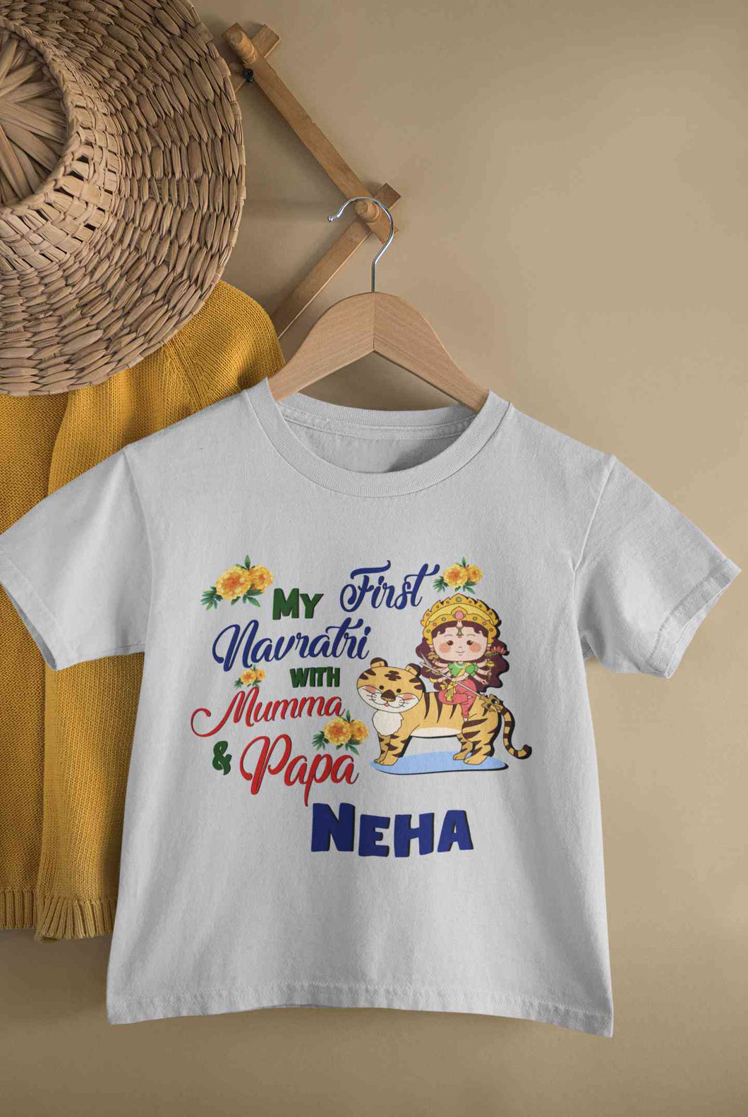 Custom Name My First Navratri With Mumma And Papa Half Sleeves T-Shirt For Girls -KidsFashionVilla