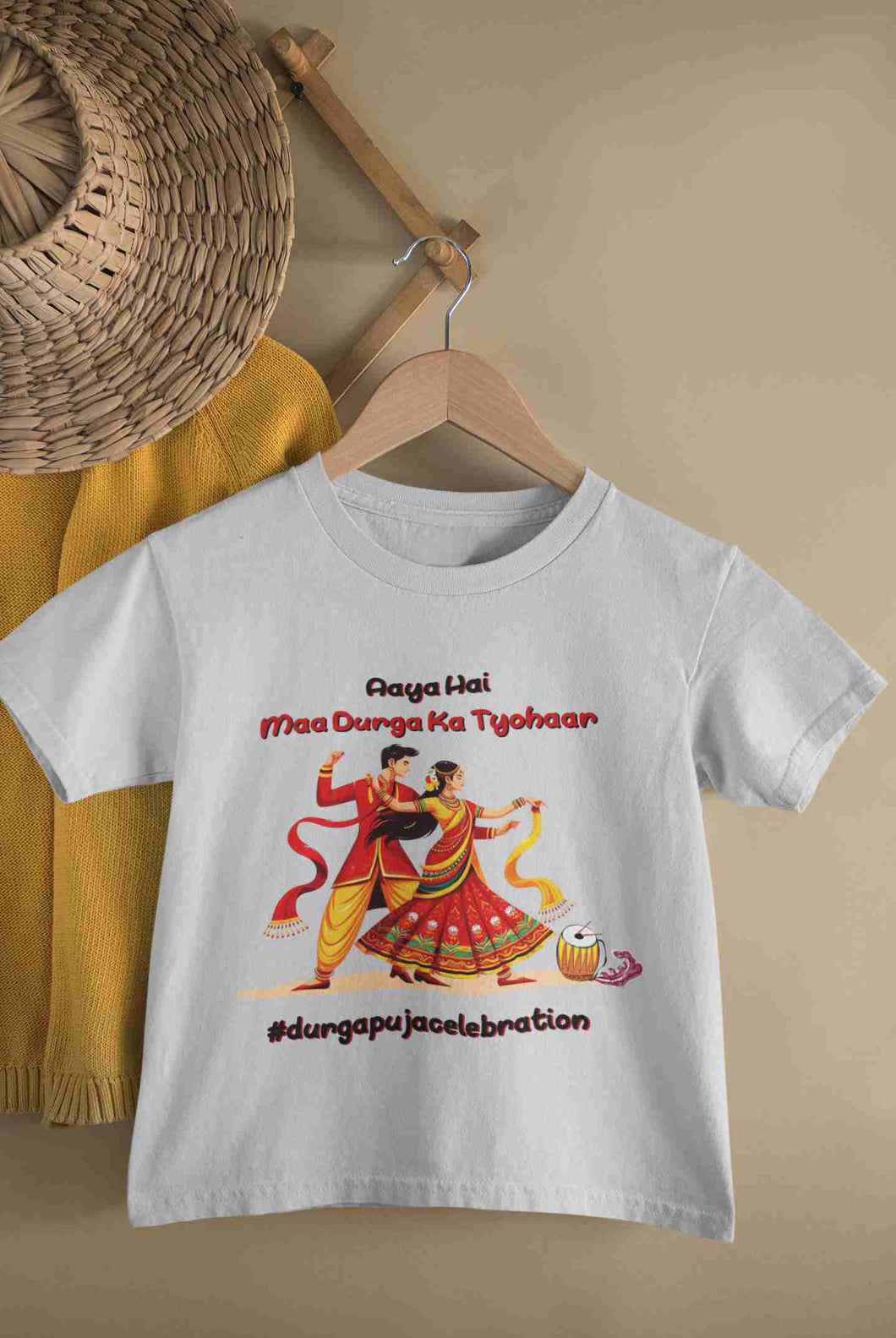 Durga Pooja Aaya Hai Maa Durga Ka Tyohaar Half Sleeves T-Shirt For Girls -KidsFashionVilla
