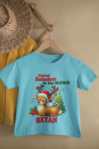 Custom Name Cutest Reindeer In The Sleigh Christmas Half Sleeves T-Shirt for Boy-KidsFashionVilla