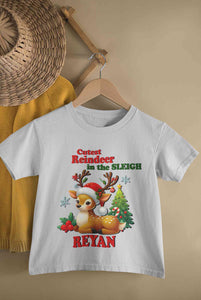 Custom Name Cutest Reindeer In The Sleigh Christmas Half Sleeves T-Shirt for Boy-KidsFashionVilla