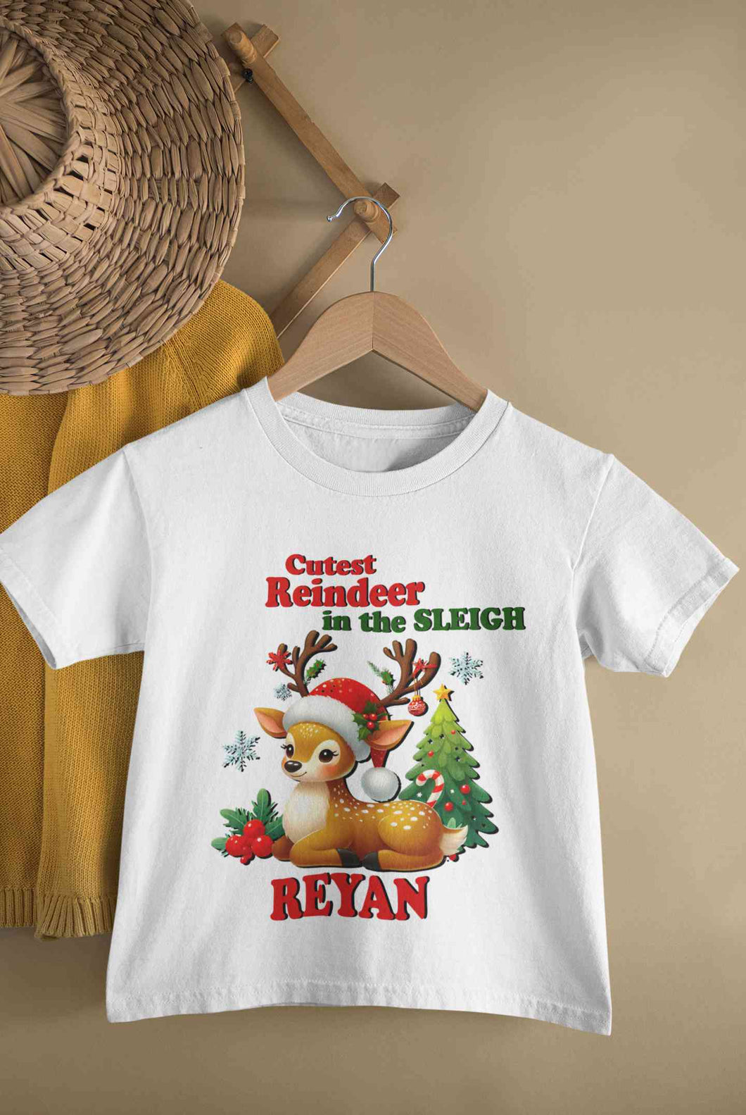 Custom Name Cutest Reindeer In The Sleigh Christmas Half Sleeves T-Shirt for Boy-KidsFashionVilla