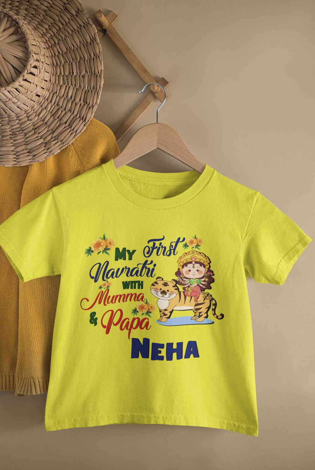 Custom Name My First Navratri With Mumma And Papa Half Sleeves T-Shirt For Girls -KidsFashionVilla