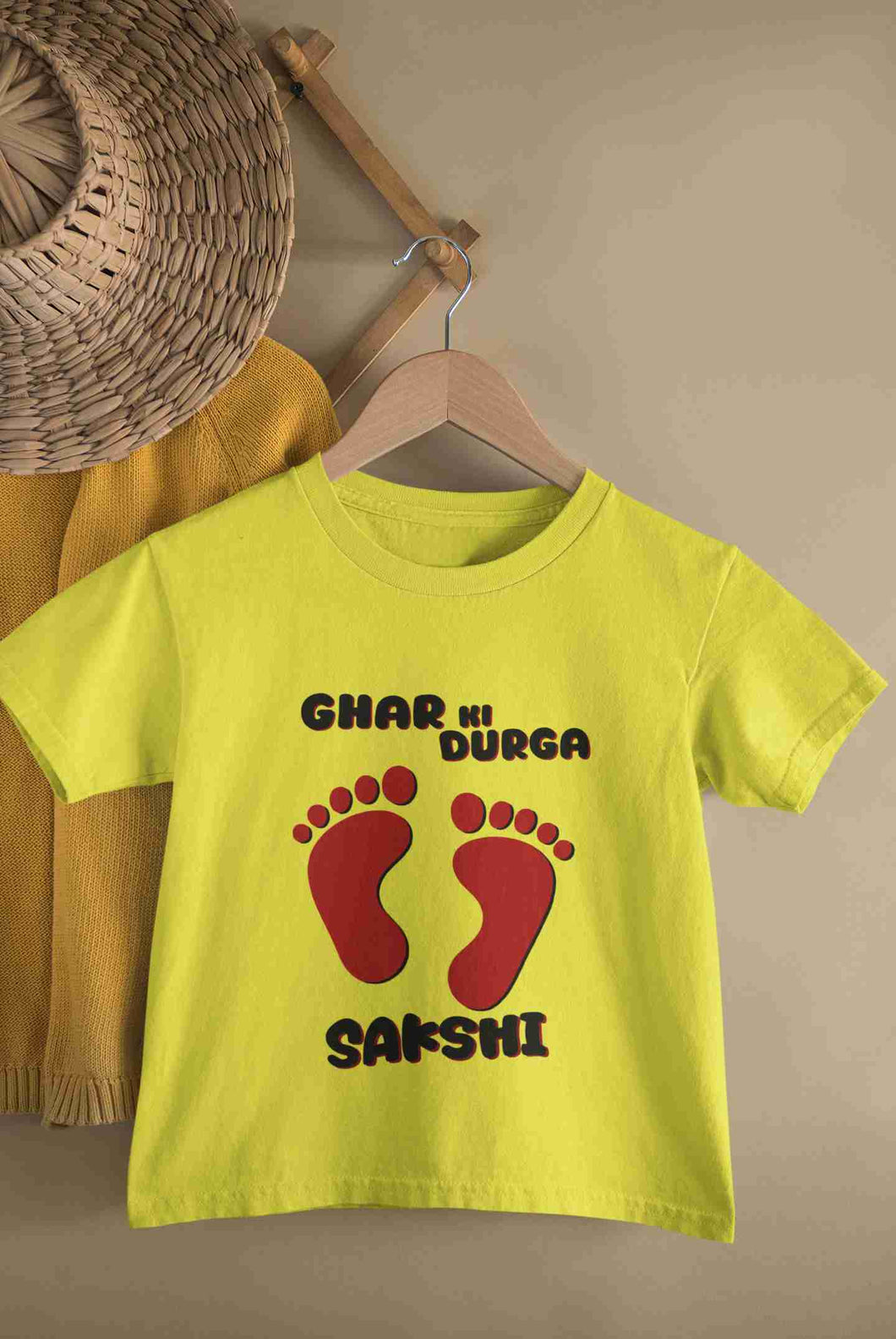 Custom Name Ghar Ki Durga Puja Half Sleeves T-Shirt For Girls -KidsFashionVilla