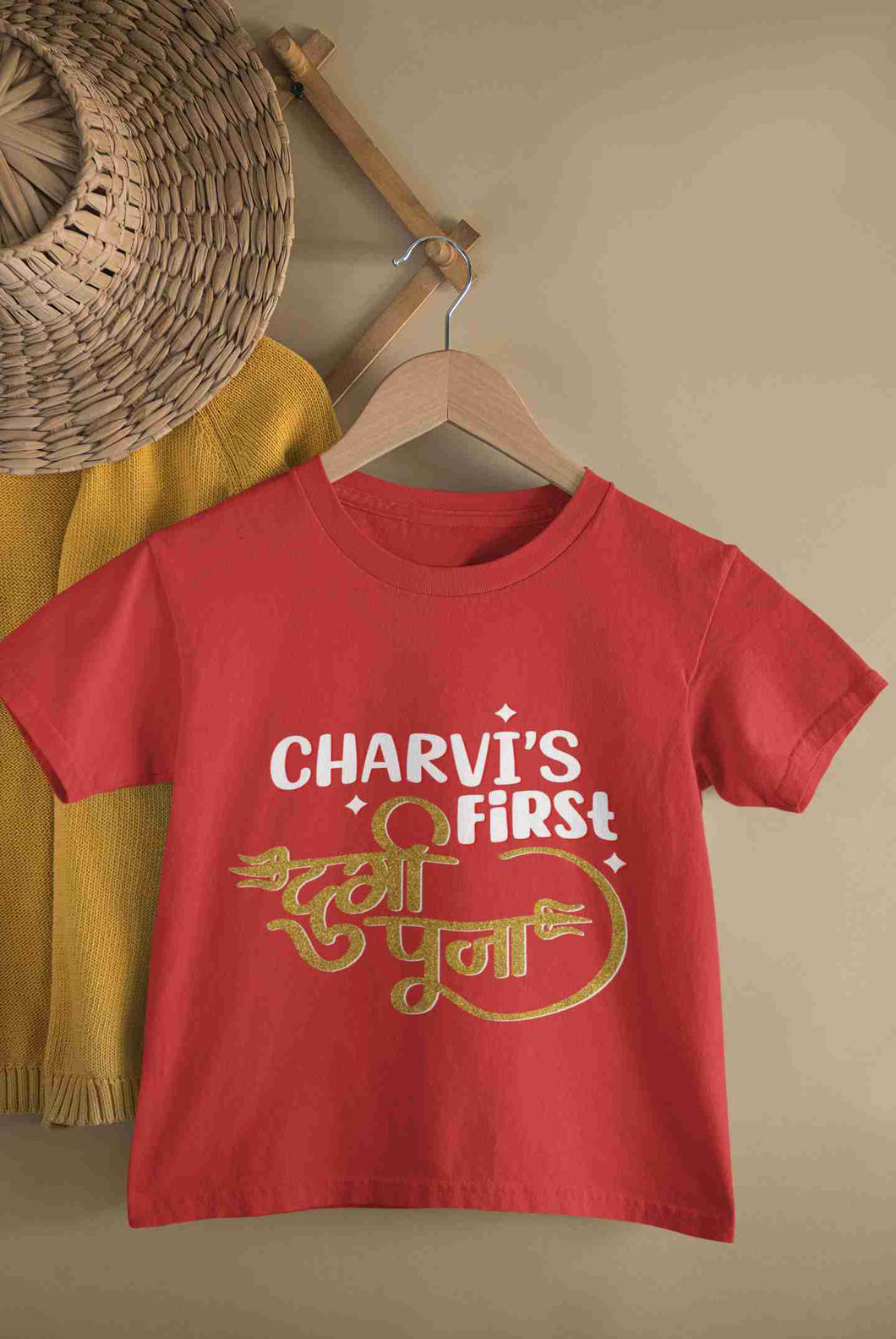 Custom Name First Durga Puja Half Sleeves T-Shirt For Girls -KidsFashionVilla