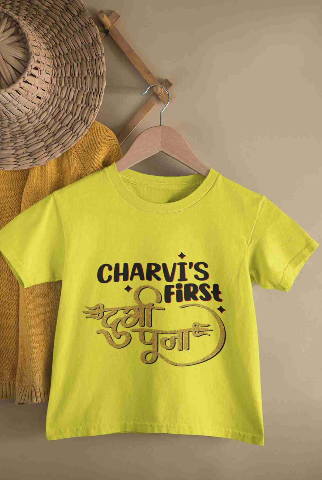Custom Name First Durga Puja Half Sleeves T-Shirt For Girls -KidsFashionVilla