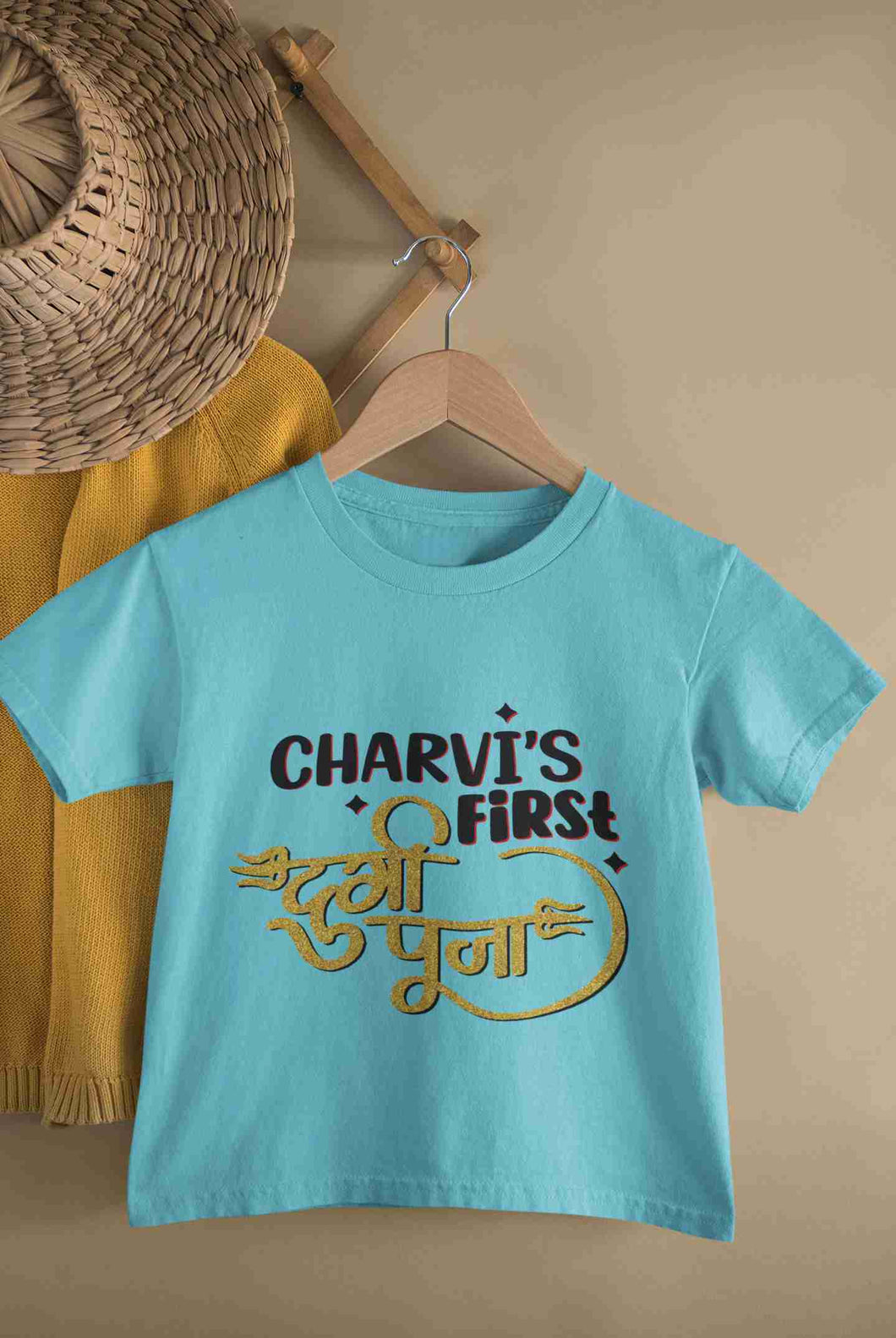 Custom Name First Durga Puja Half Sleeves T-Shirt For Girls -KidsFashionVilla