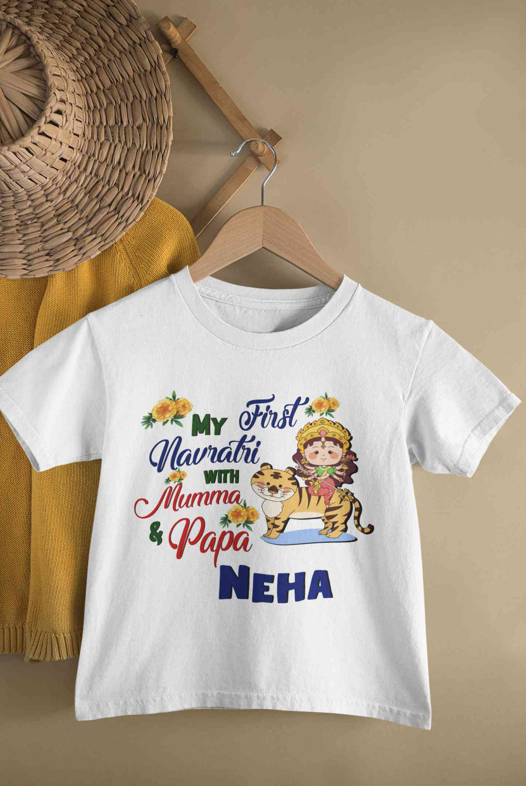 Custom Name My First Navratri With Mumma And Papa Half Sleeves T-Shirt For Girls -KidsFashionVilla