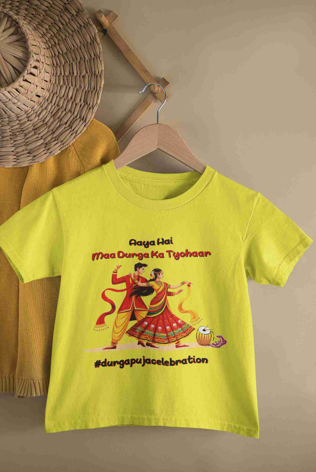 Durga Pooja Aaya Hai Maa Durga Ka Tyohaar Half Sleeves T-Shirt For Girls -KidsFashionVilla