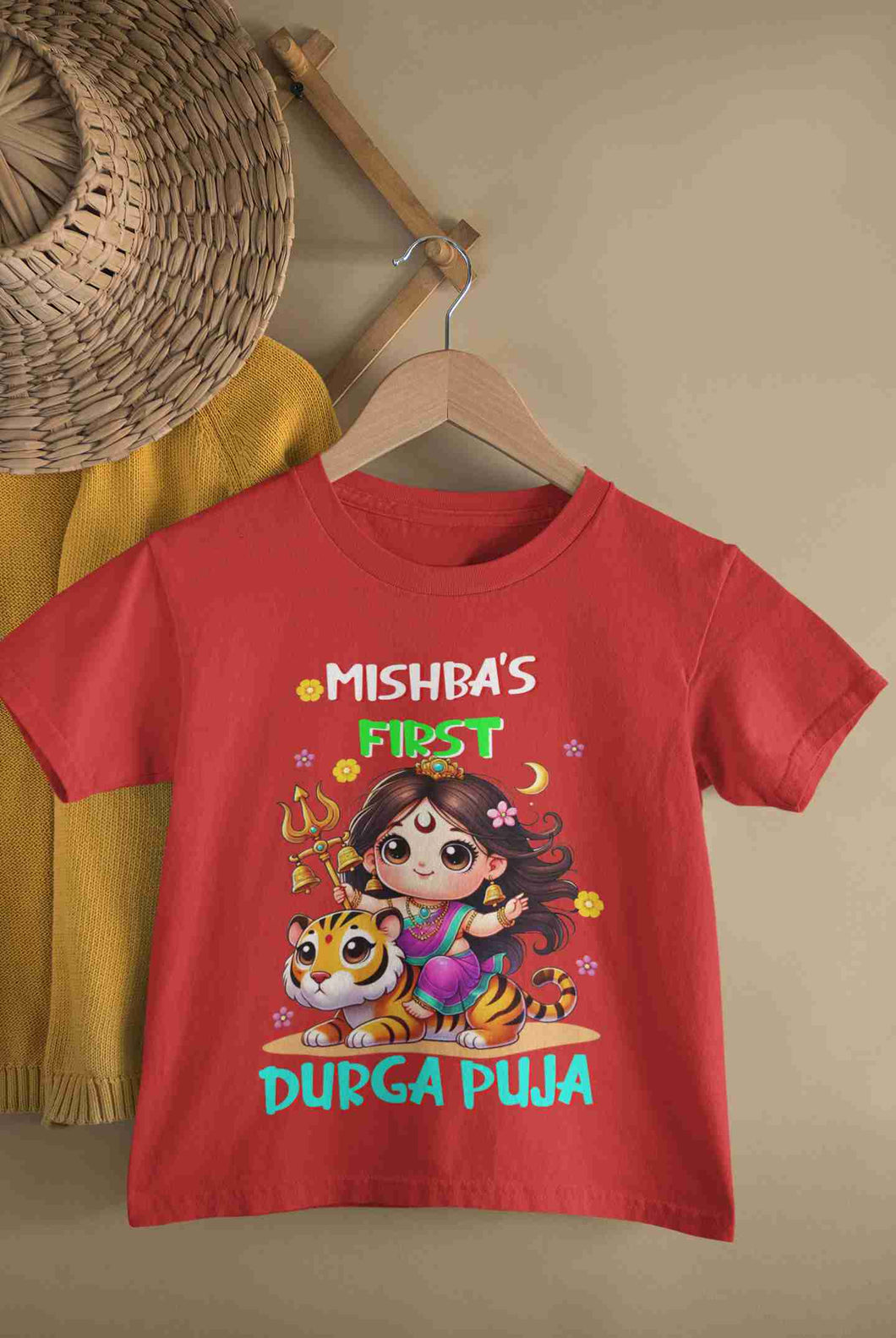 Custom Name First Durga Puja Half Sleeves T-Shirt For Girls -KidsFashionVilla
