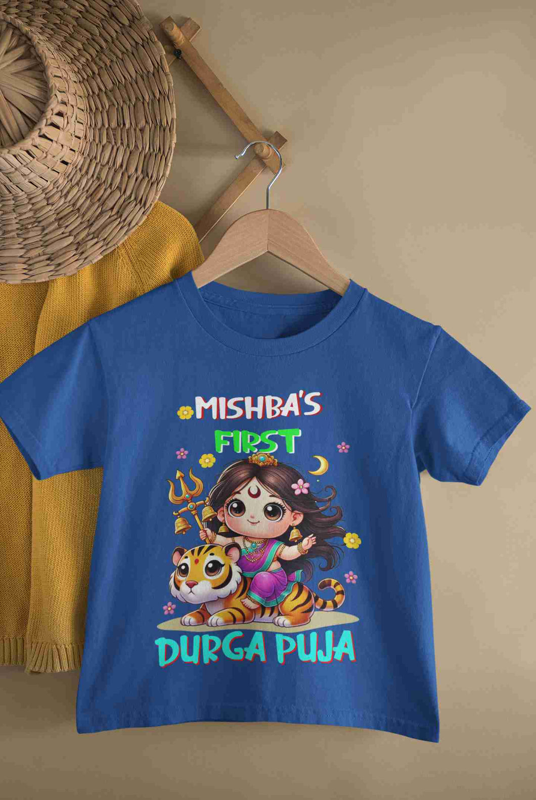 Custom Name First Durga Puja Half Sleeves T-Shirt For Girls -KidsFashionVilla