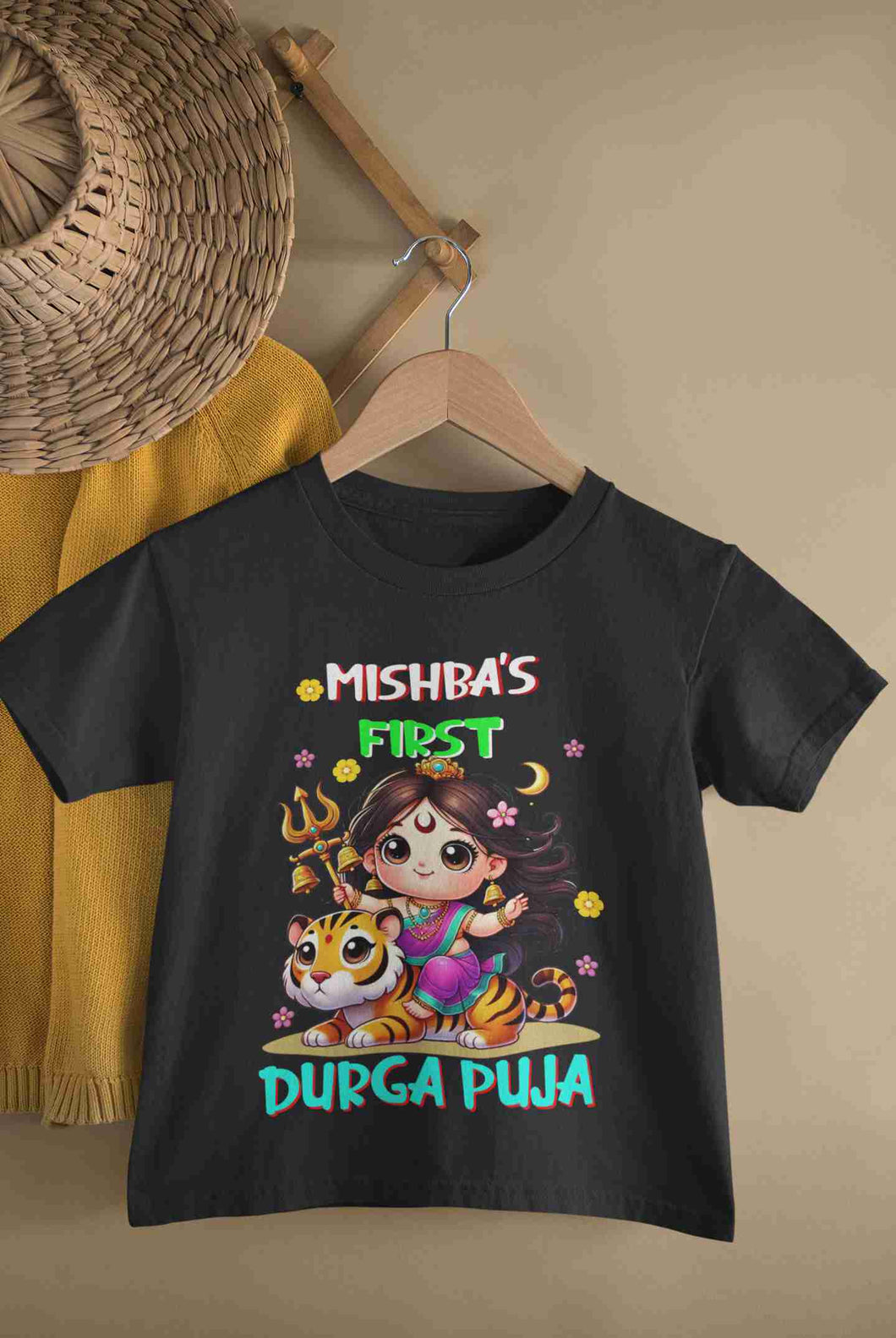 Custom Name First Durga Puja Half Sleeves T-Shirt For Girls -KidsFashionVilla