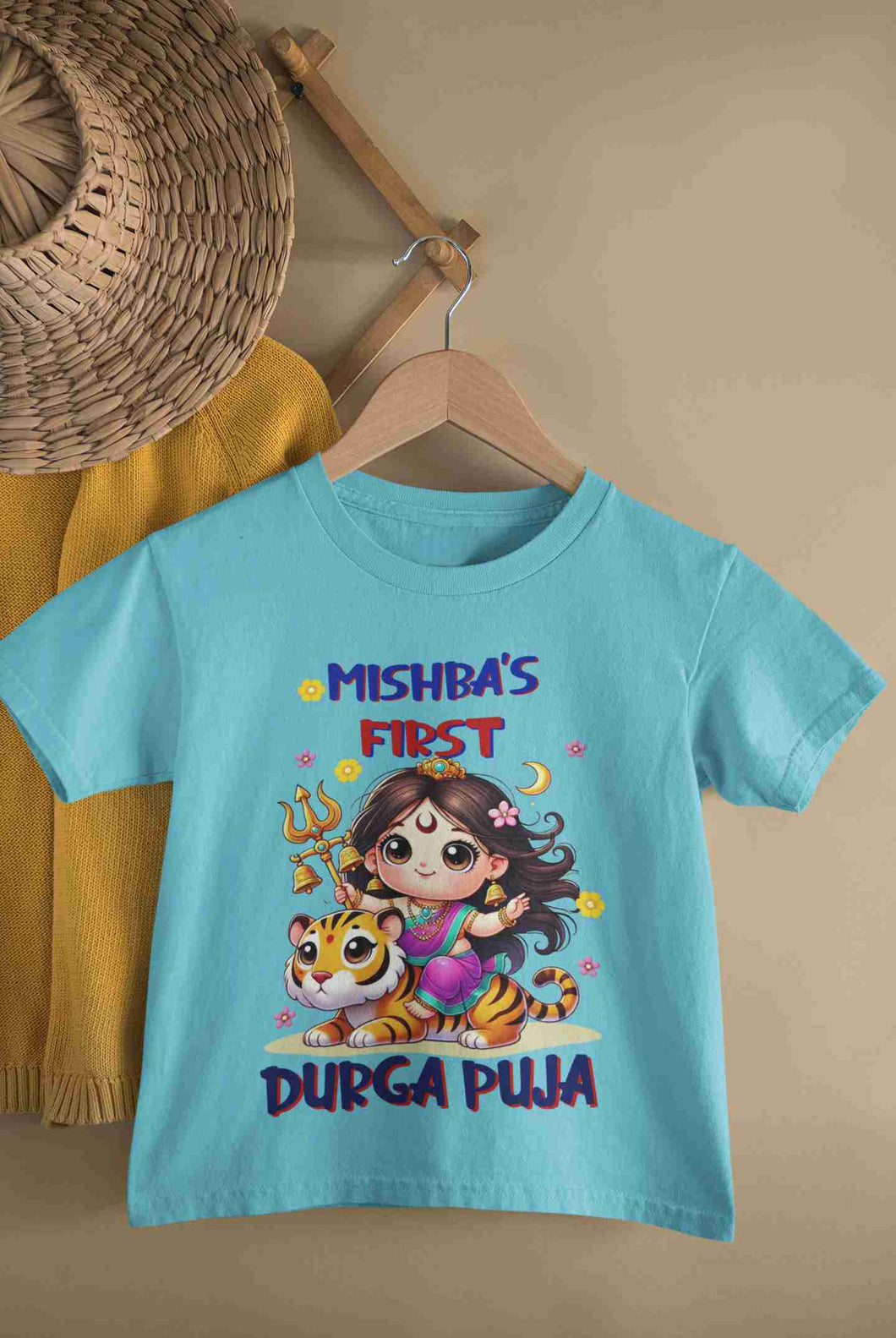 Custom Name First Durga Puja Half Sleeves T-Shirt For Girls -KidsFashionVilla
