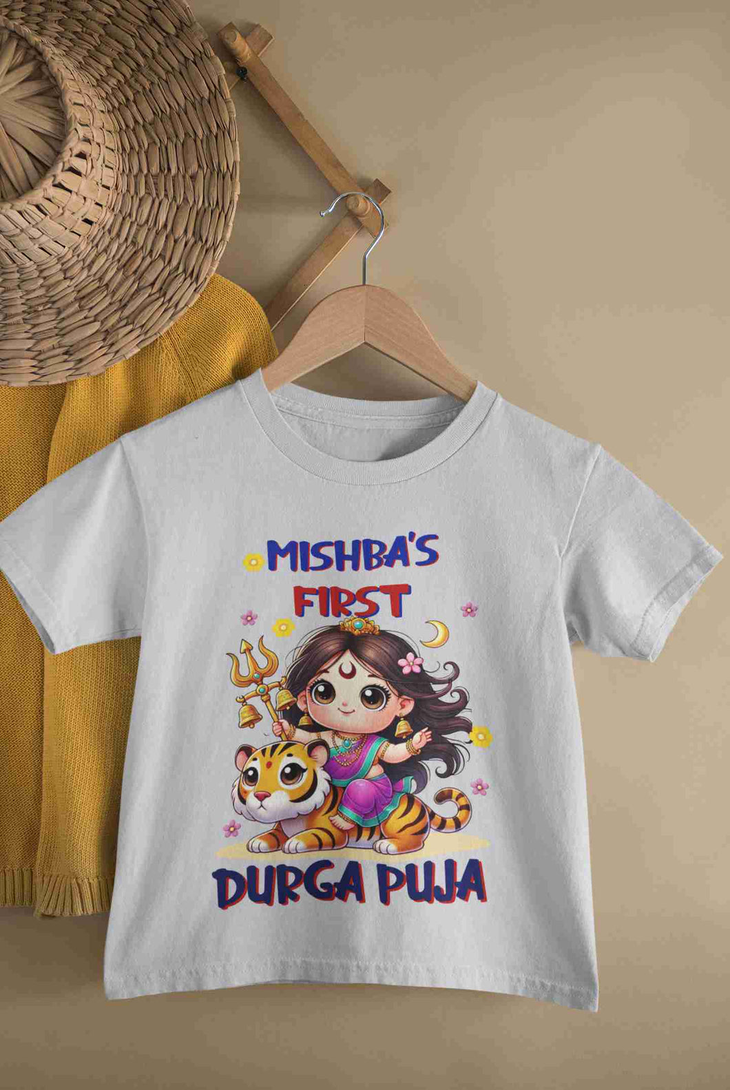 Custom Name First Durga Puja Half Sleeves T-Shirt For Girls -KidsFashionVilla