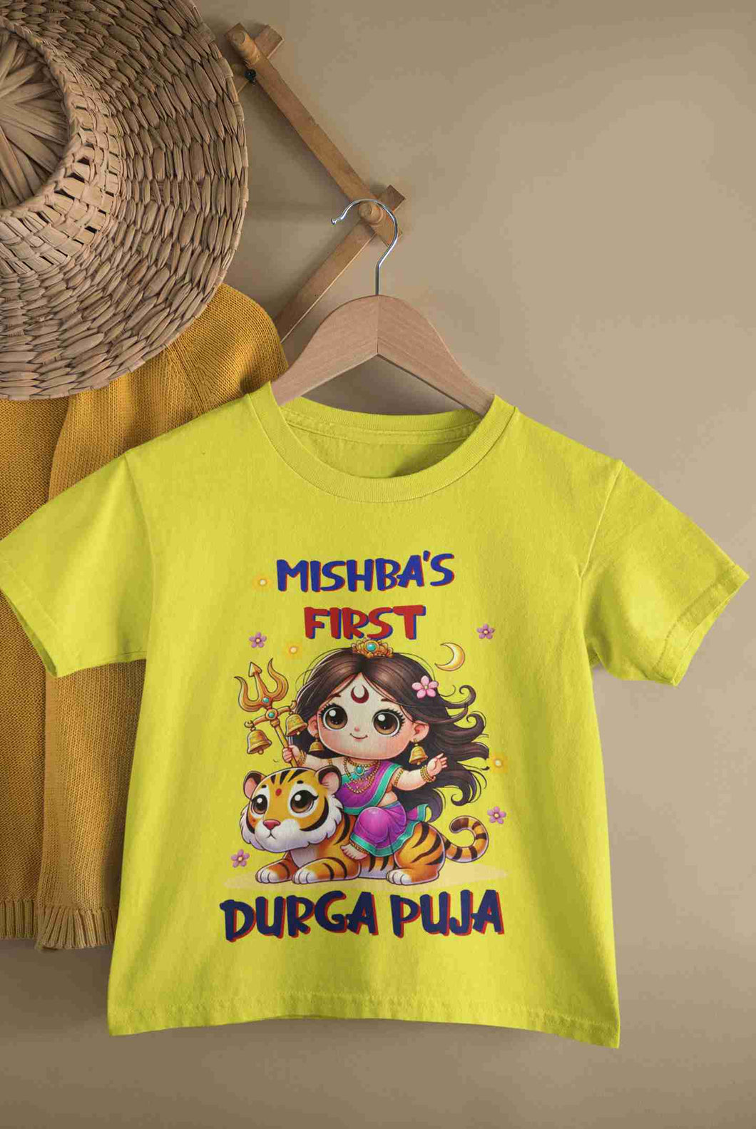 Custom Name First Durga Puja Half Sleeves T-Shirt For Girls -KidsFashionVilla