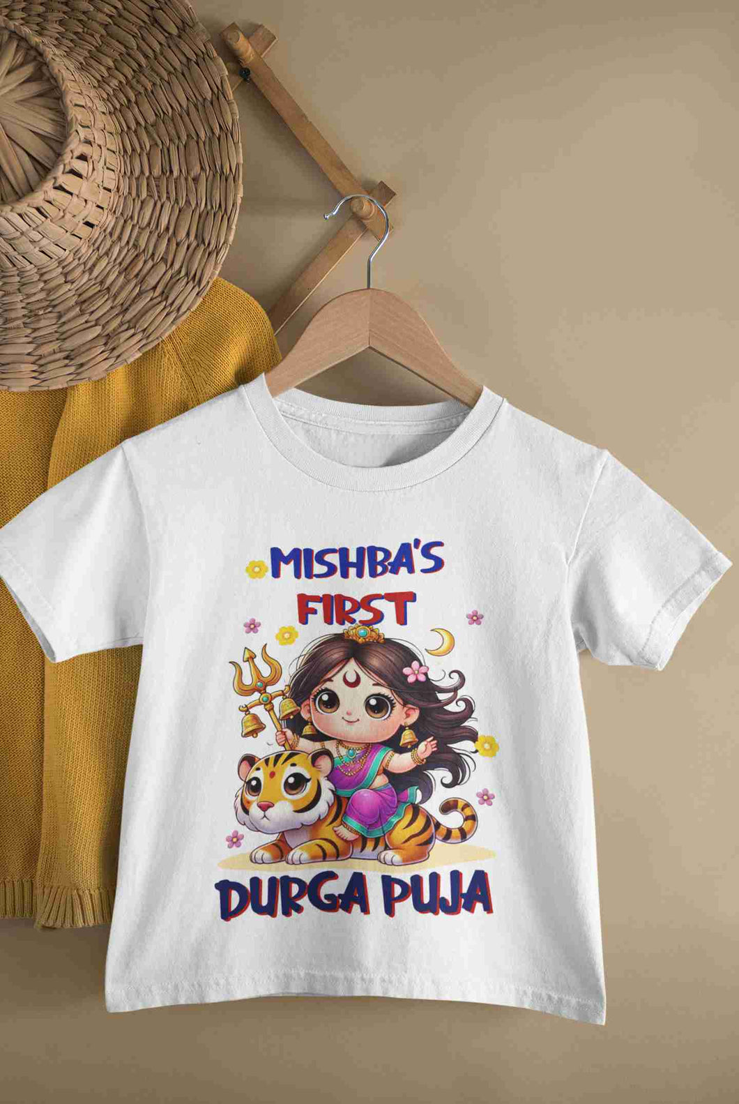Custom Name First Durga Puja Half Sleeves T-Shirt For Girls -KidsFashionVilla