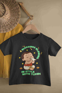 Custom Name Blessing Blowing In Style With Durga Puja Half Sleeves T-Shirt for Boy-KidsFashionVilla