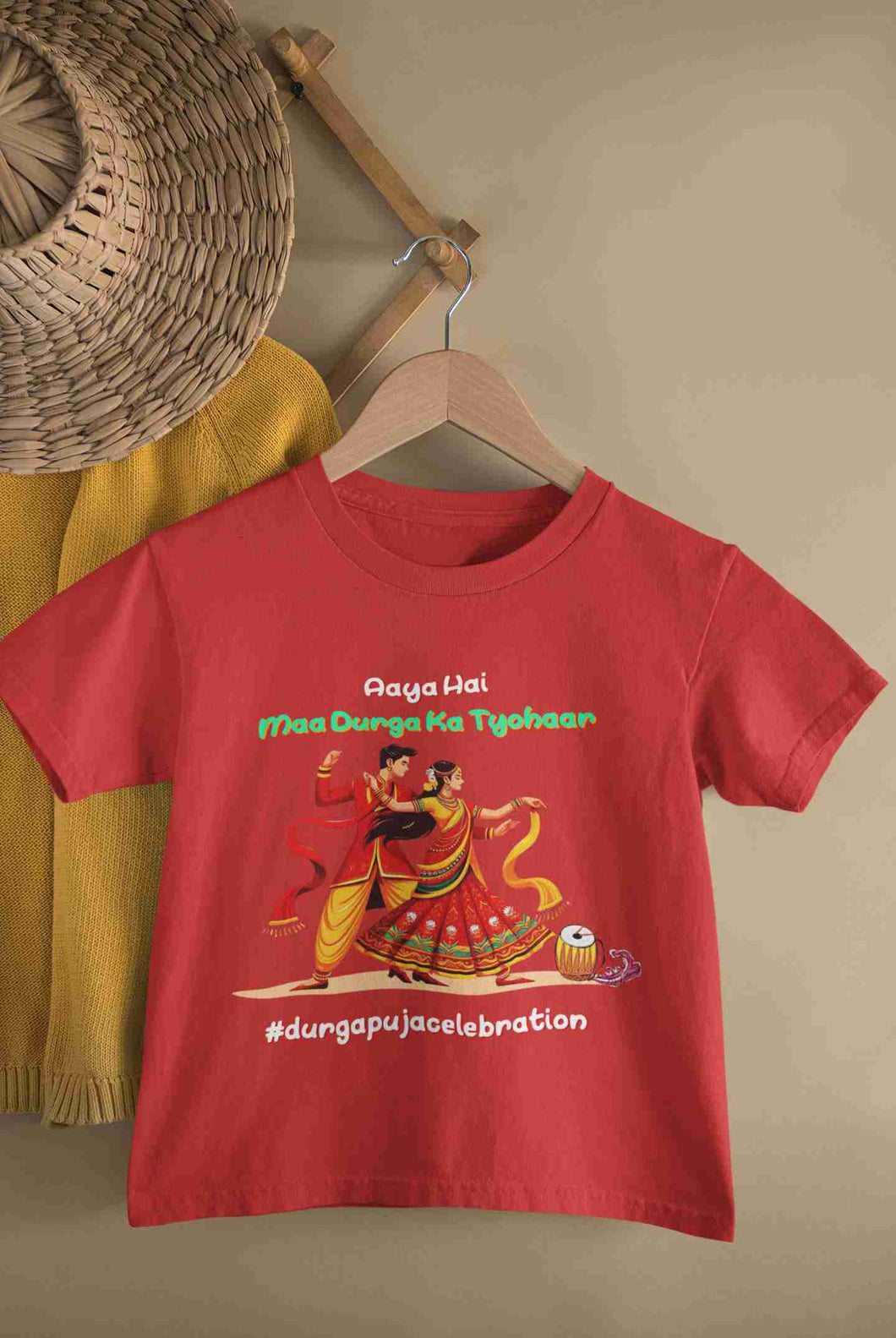 Durga Pooja Aaya Hai Maa Durga Ka Tyohaar Half Sleeves T-Shirt For Girls -KidsFashionVilla