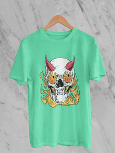 A Horned Skull In Flames Mens Half Sleeves T-shirt- KidsFashionVilla