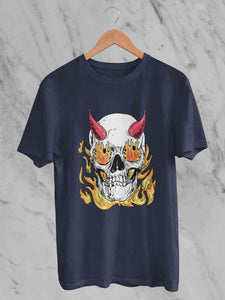 A Horned Skull In Flames Women Half Sleeves T-shirt- KidsFashionVilla