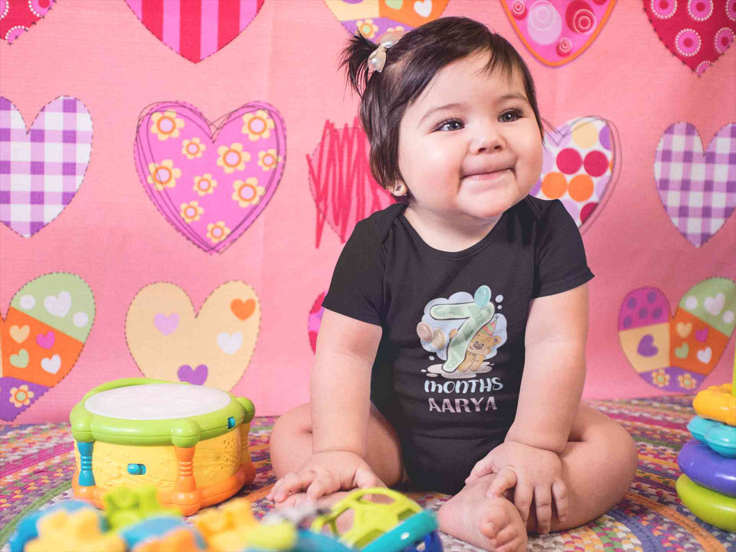 Custom Name 7 Month Birthday Teddy Design Rompers for Baby Girl- KidsFashionVilla
