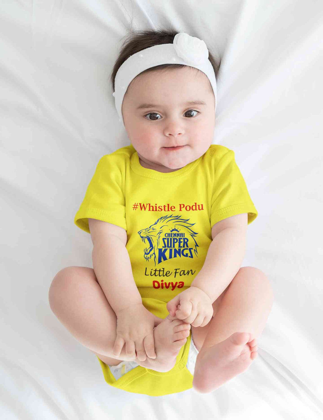 Custom Name IPL CSK Chennai Super Kings Whistle Podu Rompers for Baby Girl- KidsFashionVilla