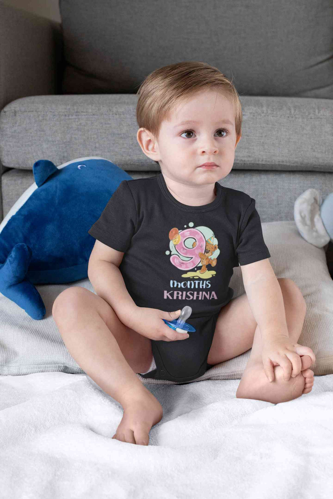 Custom Name 9 Month Birthday Teddy Design Rompers for Baby Boy- KidsFashionVilla