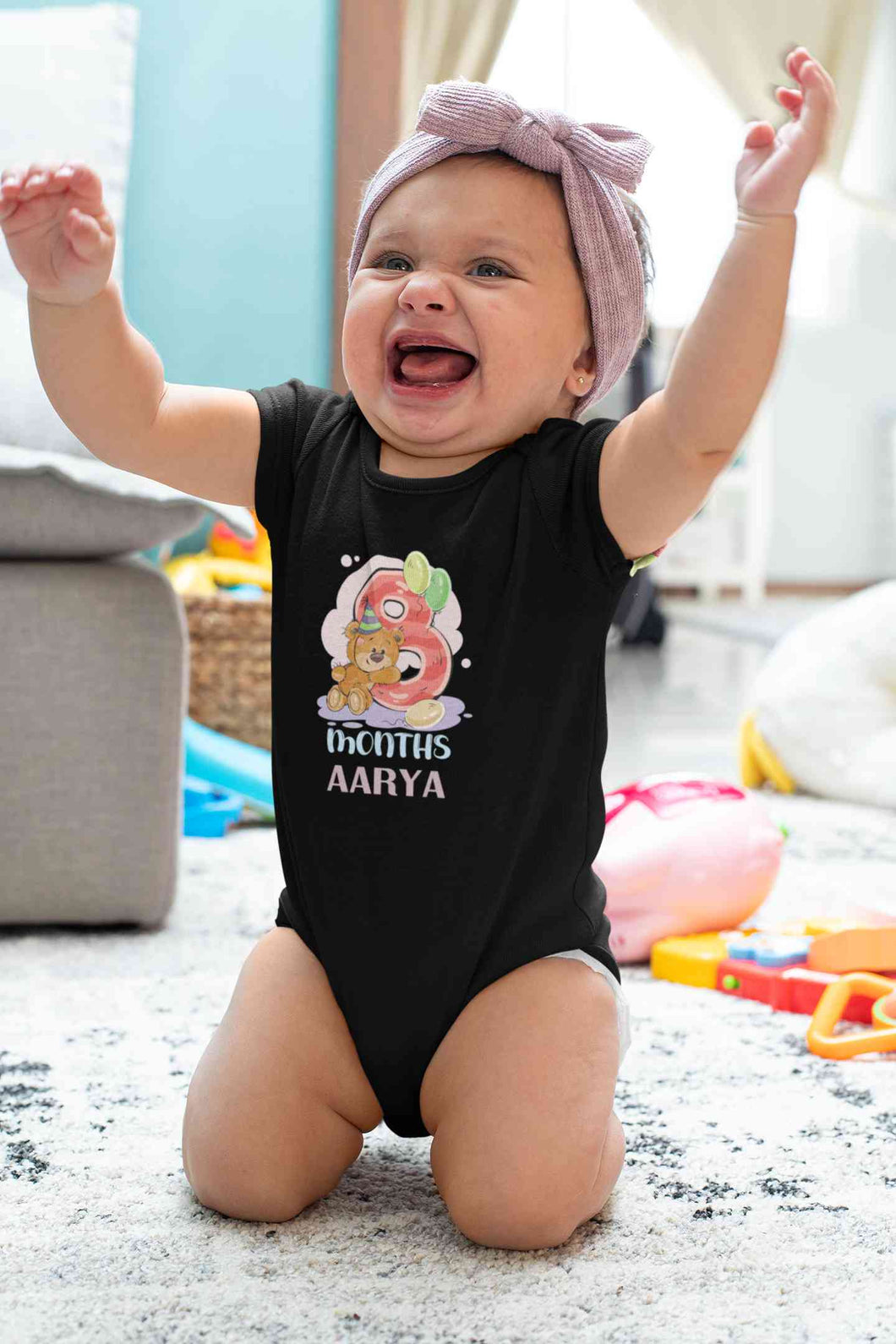 Custom Name 8 Month Birthday Teddy Design Rompers for Baby Girl- KidsFashionVilla