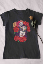 Load image into Gallery viewer, Day Of The Dead Floral Skull Woman Illustration Women Half Sleeves T-shirt- KidsFashionVilla
