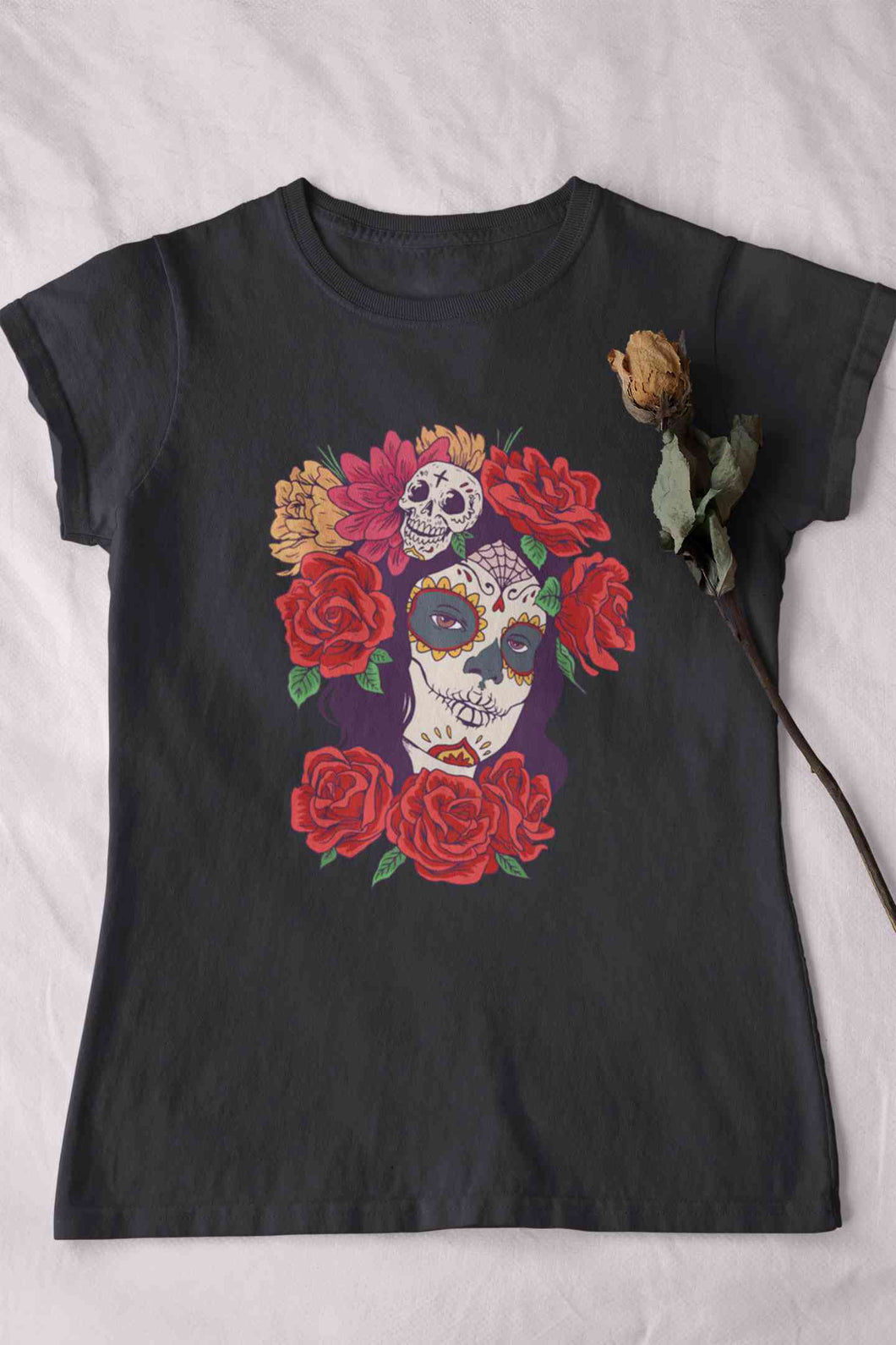 Day Of The Dead Floral Skull Woman Illustration Women Half Sleeves T-shirt- KidsFashionVilla