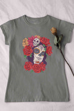 Load image into Gallery viewer, Day Of The Dead Floral Skull Woman Illustration Women Half Sleeves T-shirt- KidsFashionVilla
