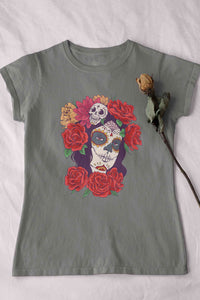 Day Of The Dead Floral Skull Woman Illustration Women Half Sleeves T-shirt- KidsFashionVilla