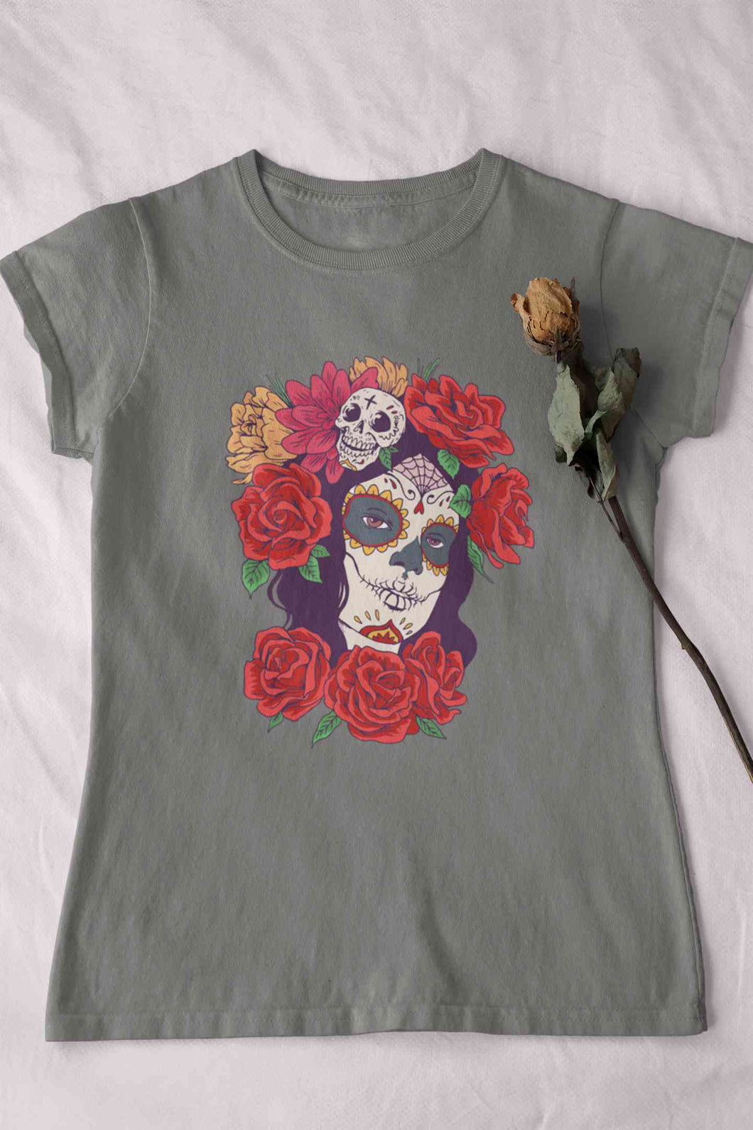 Day Of The Dead Floral Skull Woman Illustration Women Half Sleeves T-shirt- KidsFashionVilla